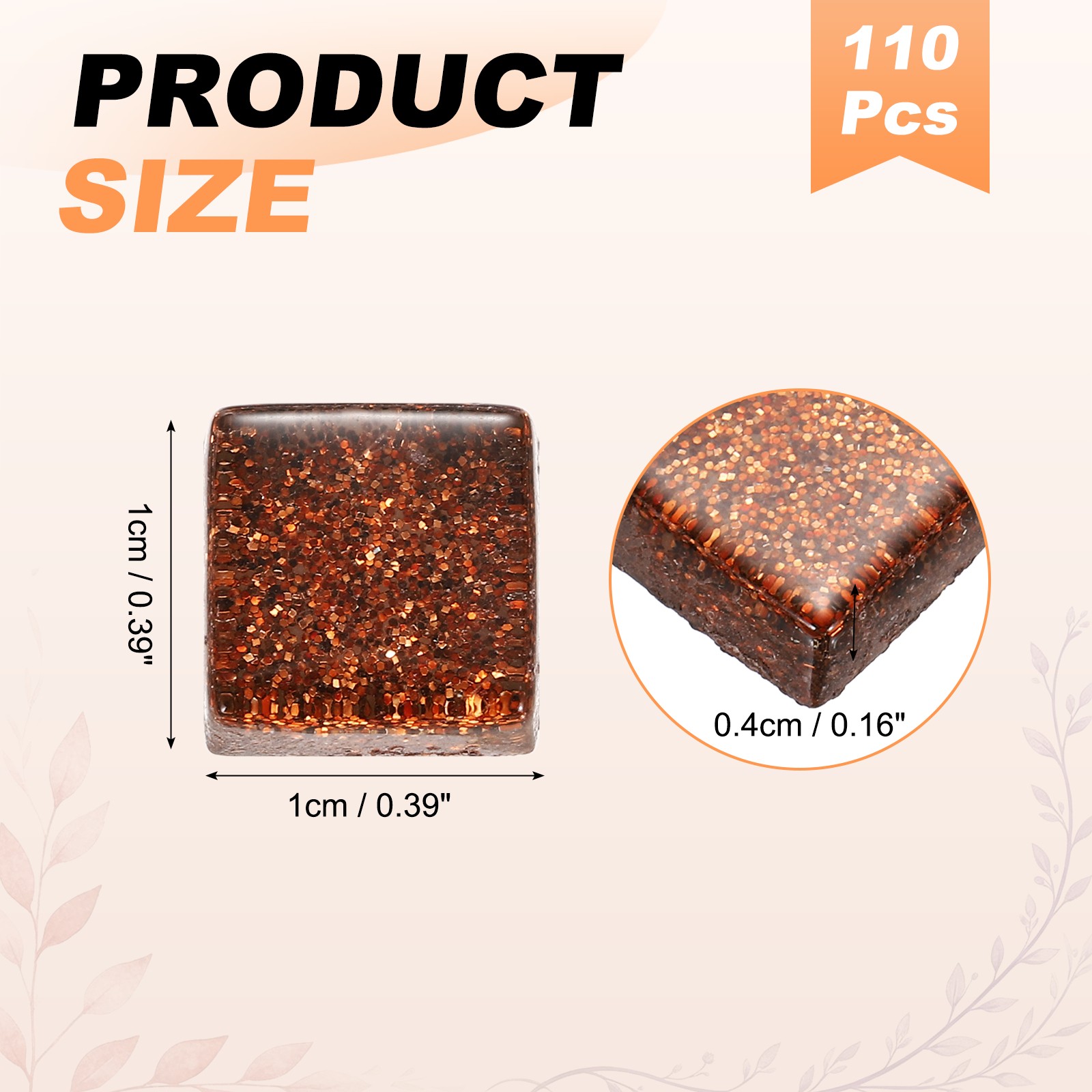 110Pcs 1x1cm Glitter Square Mosaic Tiles Glass, Coffee