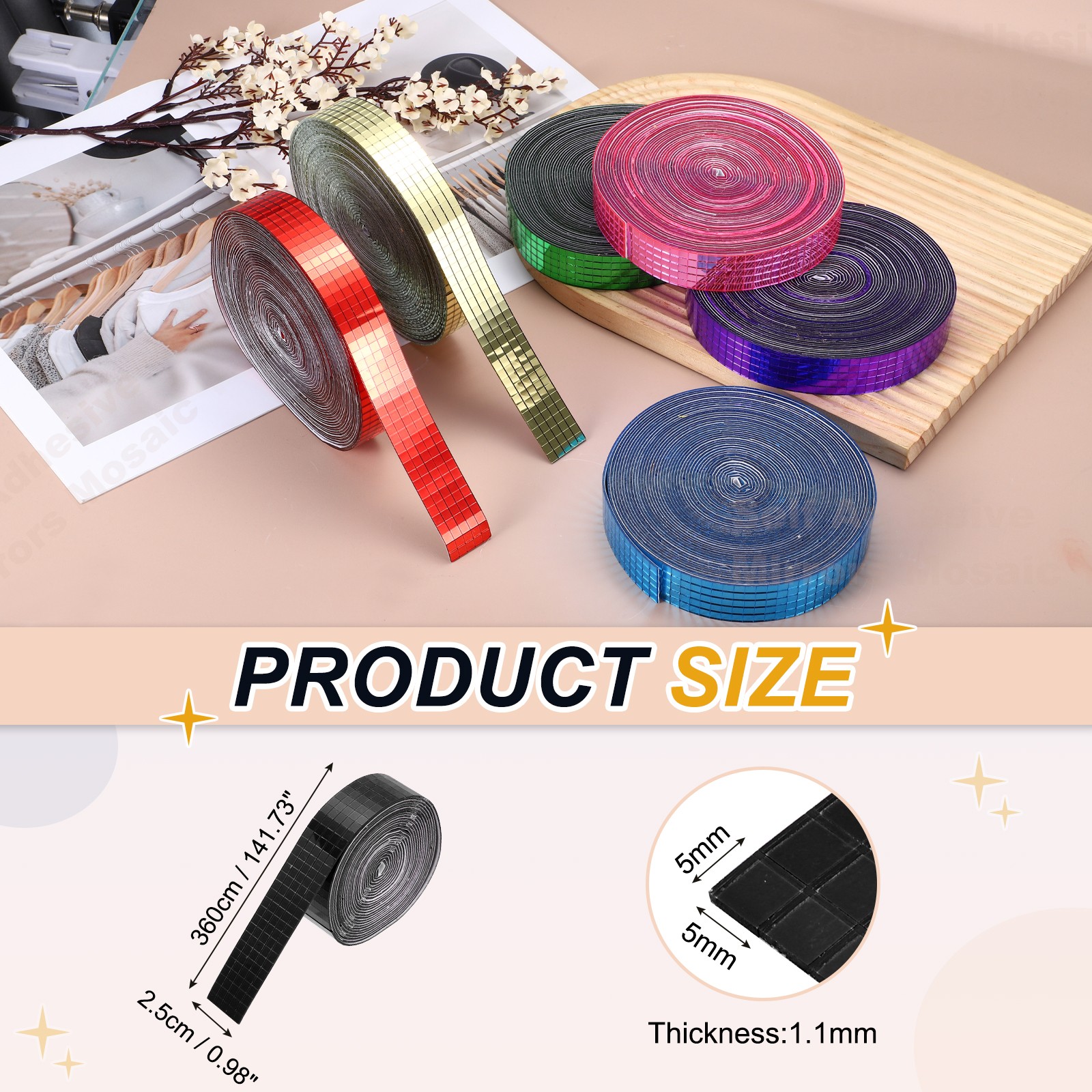 5x5mm Self Adhesive Mirrors Mosaic Tiles, 3600 Pcs Mosaic Sticker, Black