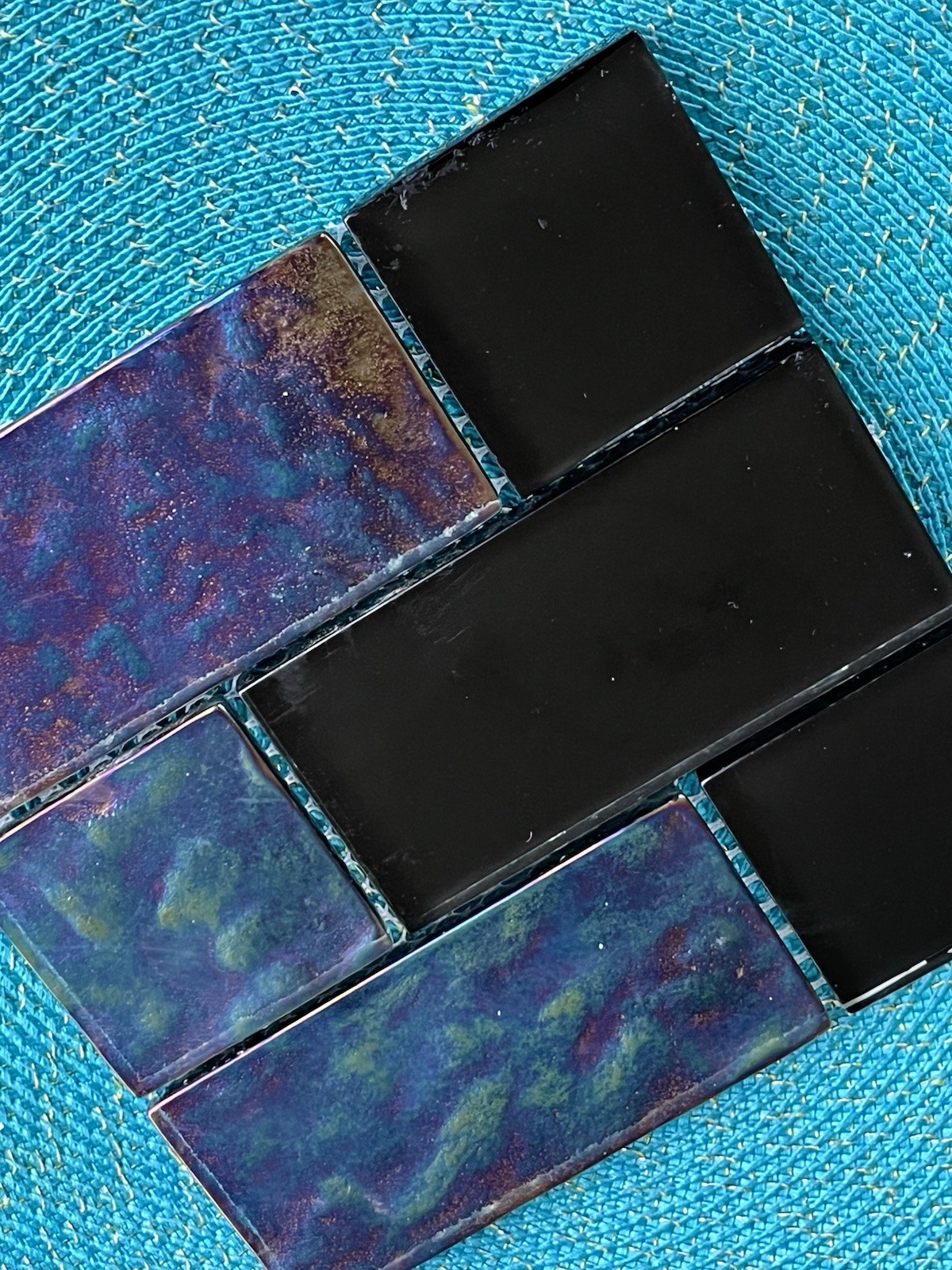 Black Blue Multicolor Glass Mosaic Tile Sheet Assorted Rectangles on Mesh