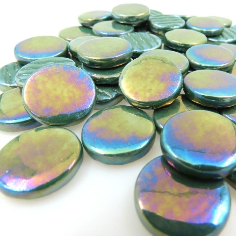 Pearlized Spruce Green 18 mm Glossy Round Glass Mosaic Tile Pieces 25 tile