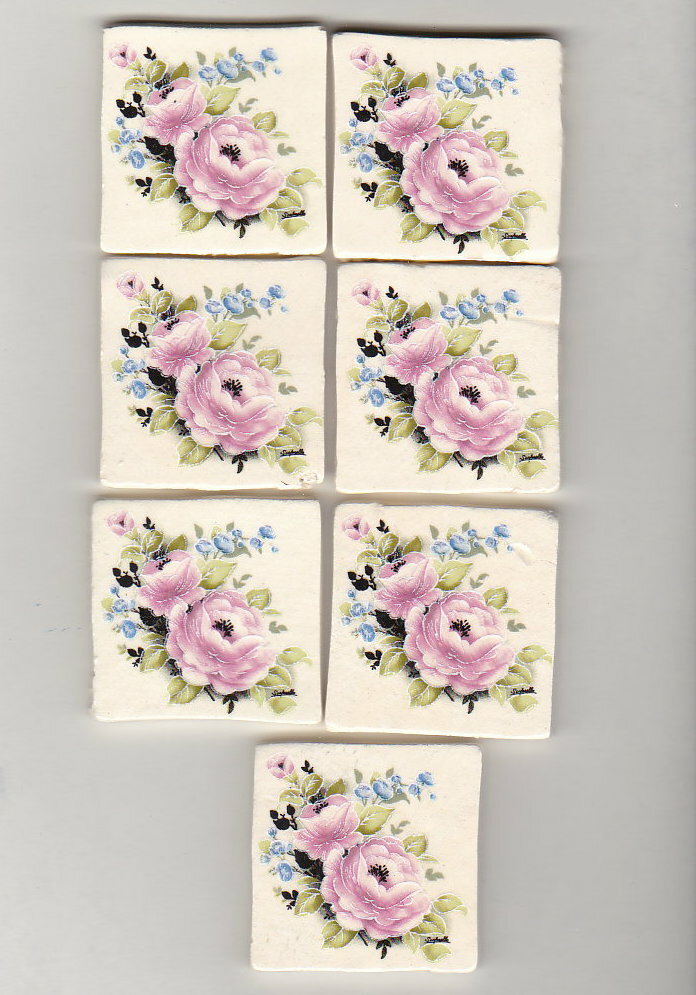 Mosaic Tiles Set 7 flower Rose Garden Tessera Pink Shabby Clay Handmade G510
