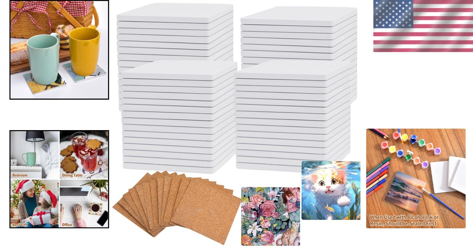 60 Pack White Ceramic Craft Tiles for Custom Coasters – Perfect Gift for Artists
