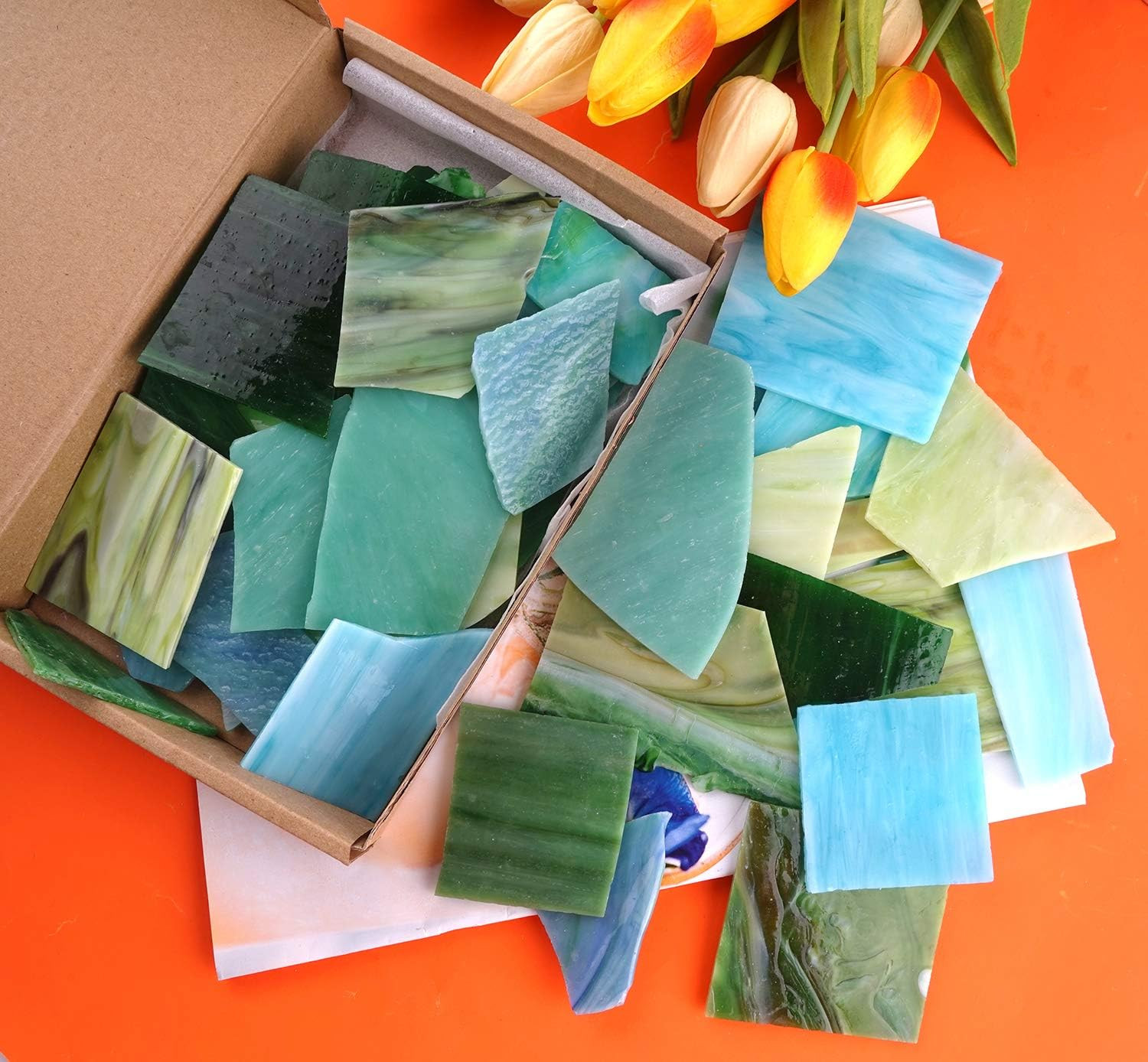 Green Mixed Stained Glass Scrap Pieces Sheets, Glass Mosaic Tiles for Art Crafts