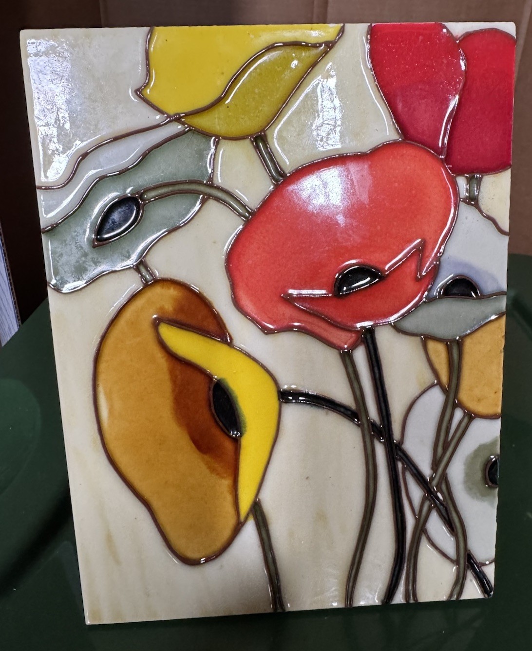 Pumpkin POPPIES Stained Glass/cloisonne enamel Ceramic Tiles -wall/desk 2011