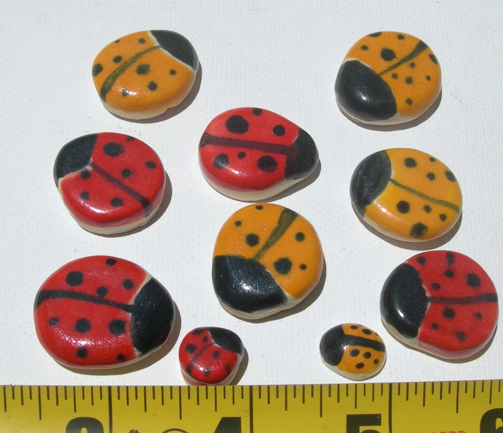 Yellow & Red 10 Ladybug Mosaic Tile Set – Mixed Size Handmade Ceramic Tiles