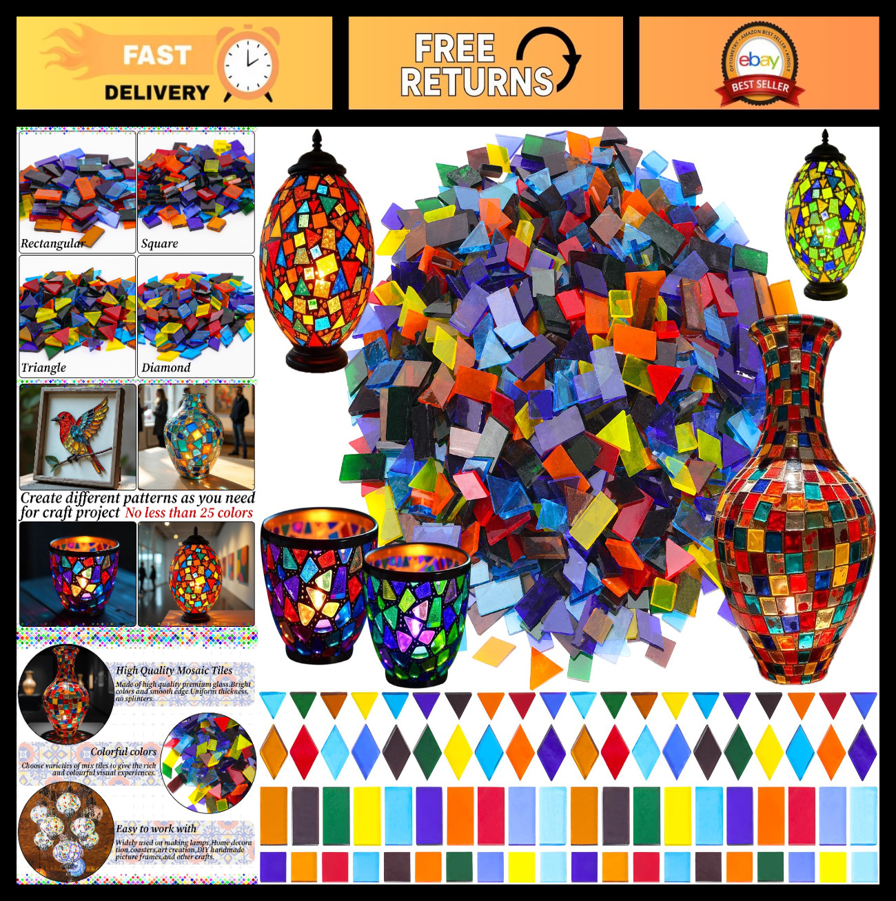 2400 Pcs Assorted Glass Mosaic Tiles for Crafts, DIY Projects & Home Decor