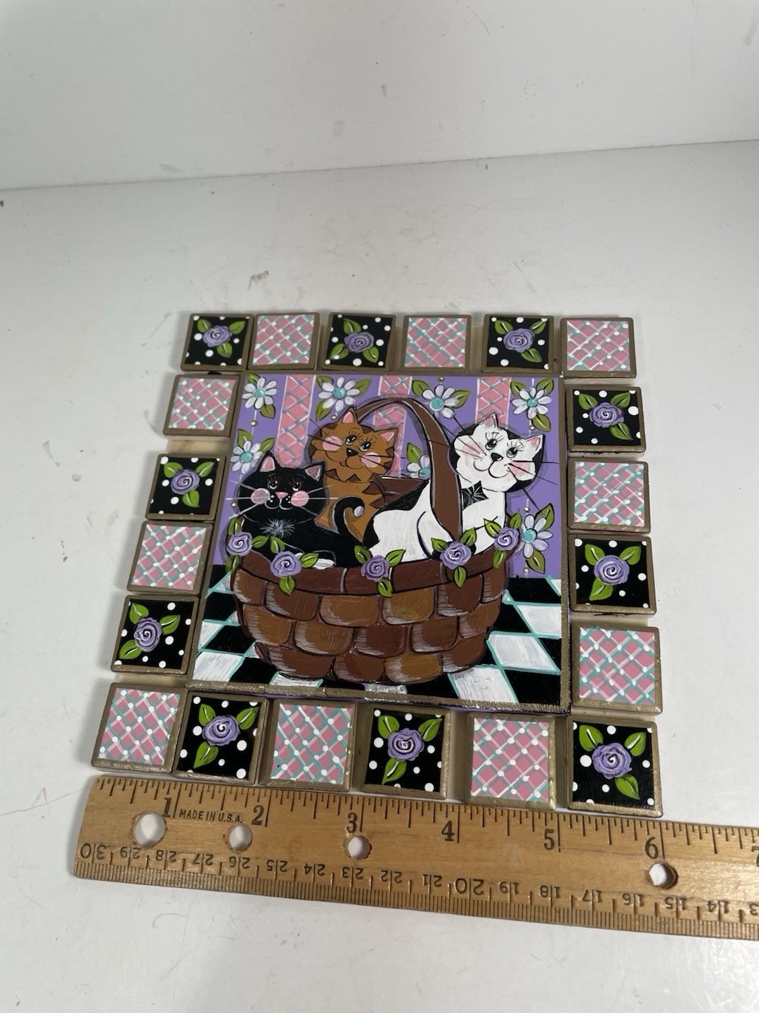 Mosaic Tiles Hand Painted Cats In Basket