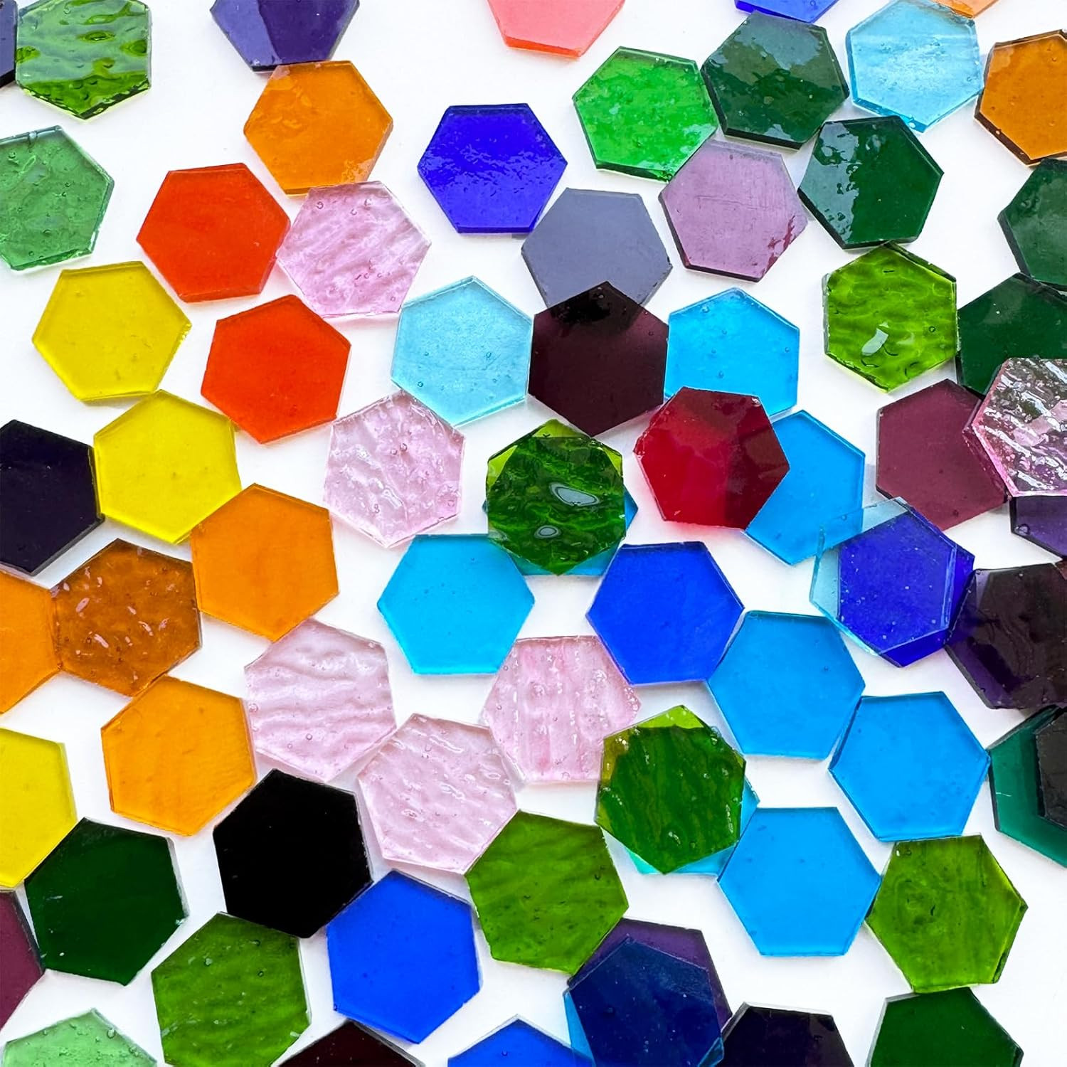 100 Pieces Hexagon Glass Mosaic Tiles for Crafts, Transparent Stained Glass Prec