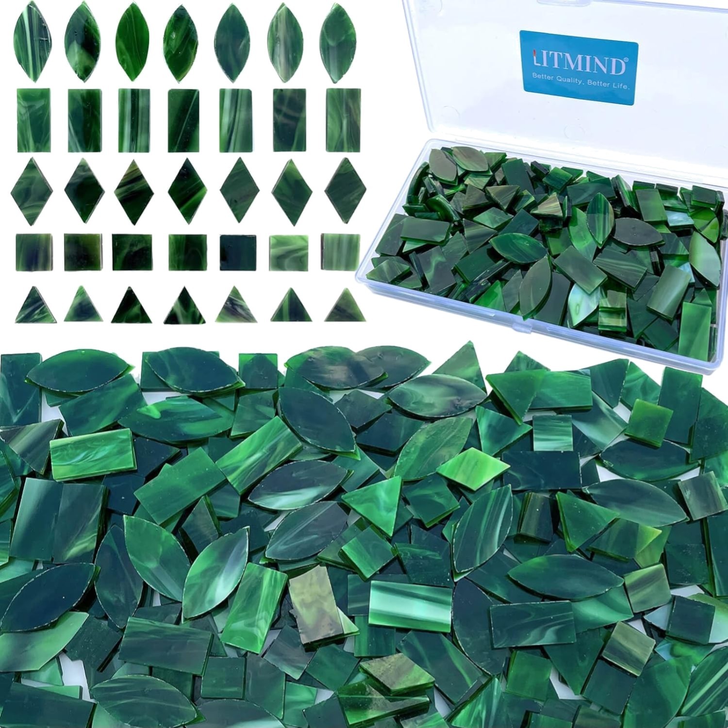 240 Piece Forest Green Stained Glass Mosaic Tiles – 5 Shapes for DIY Crafts