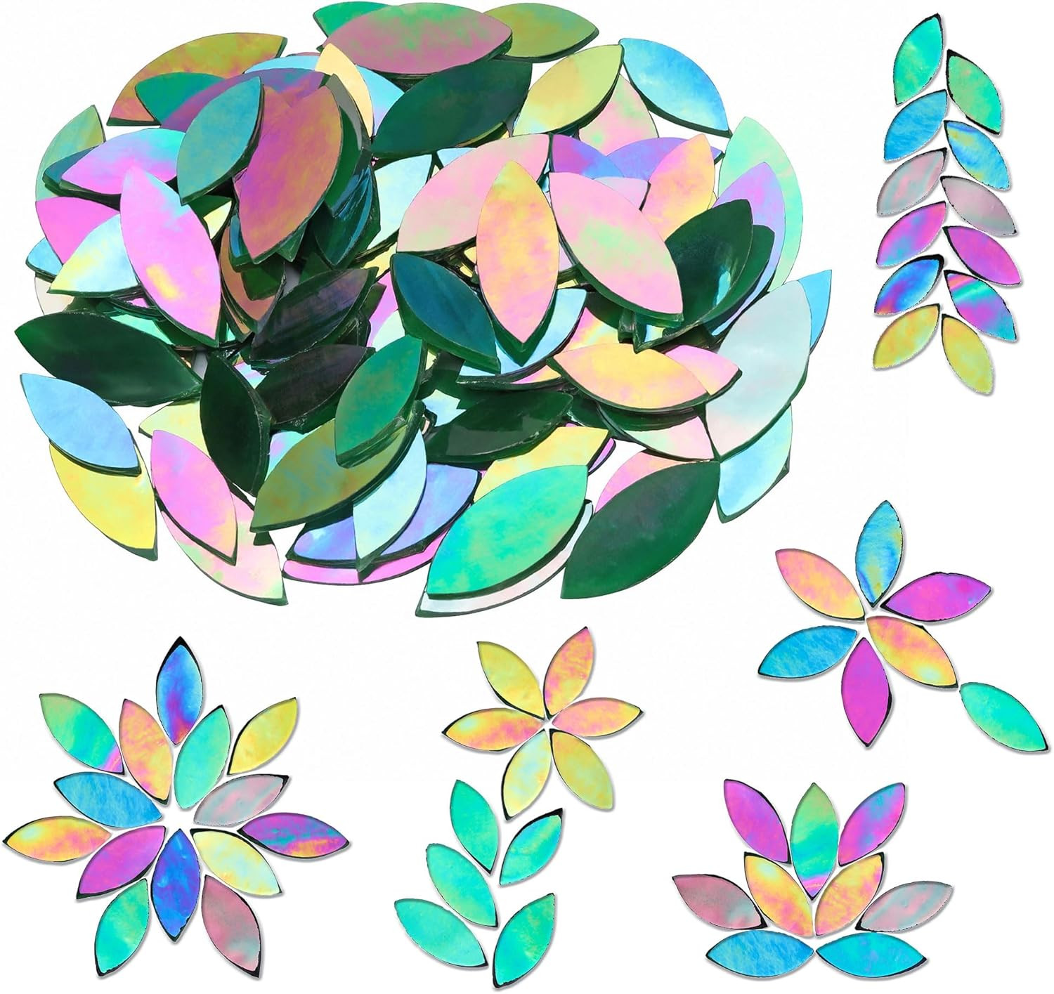 100 Pieces Iridescent Glass Petal Mosaic Tiles, Hand-Cut Green Stained Glass Flo