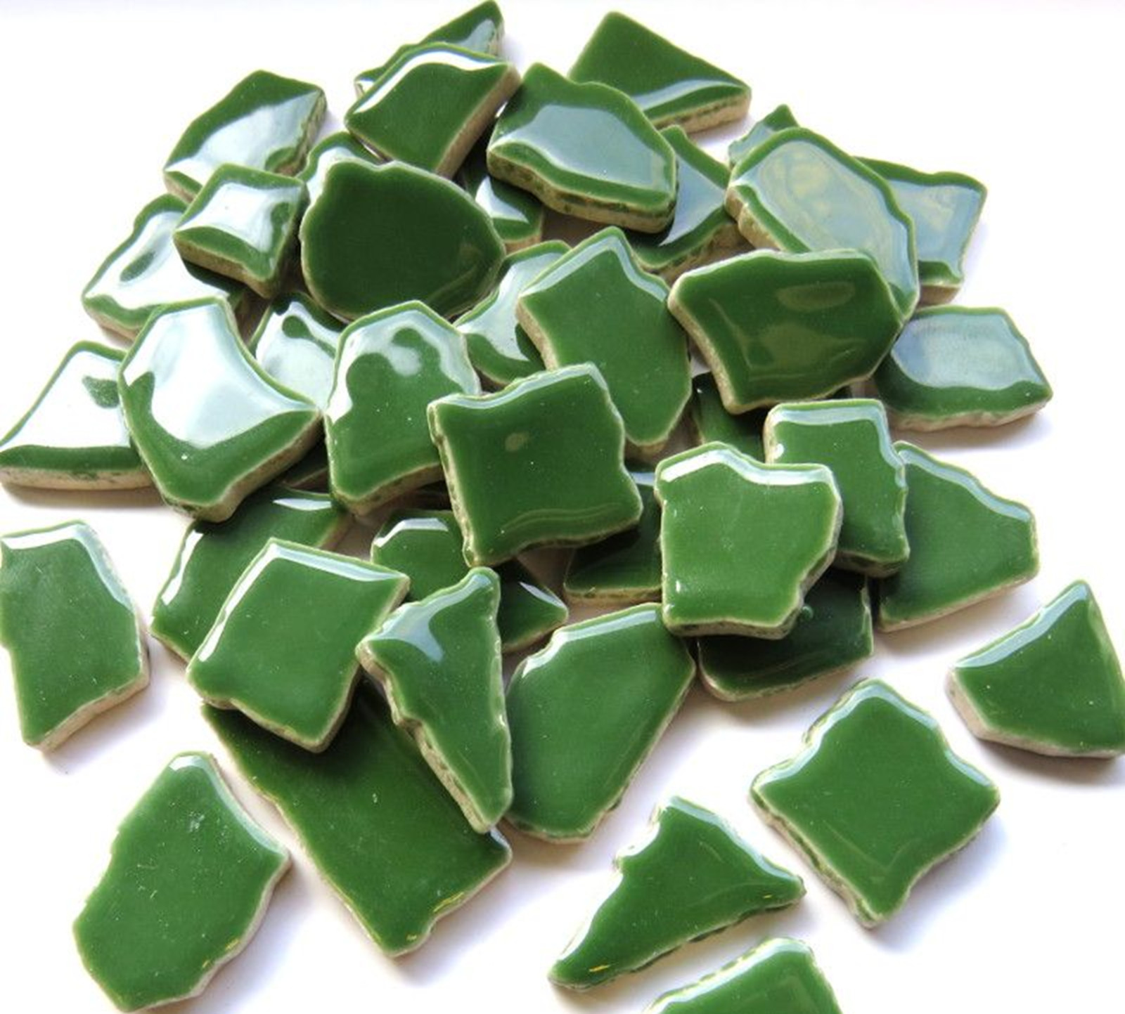 Medium Green Ceramic Jigsaw Shaped Mosaic Tiles- 50 Tiles – 4-20 mm x 4 mm