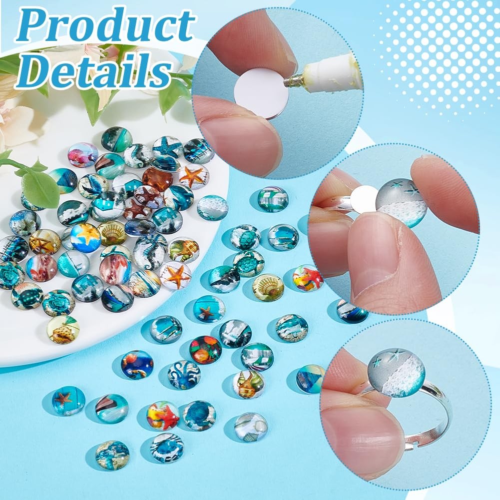 100pcs 10mm Ocean Theme Glass Cabochons, 50 Styles Starfish Shell Printed Gla…