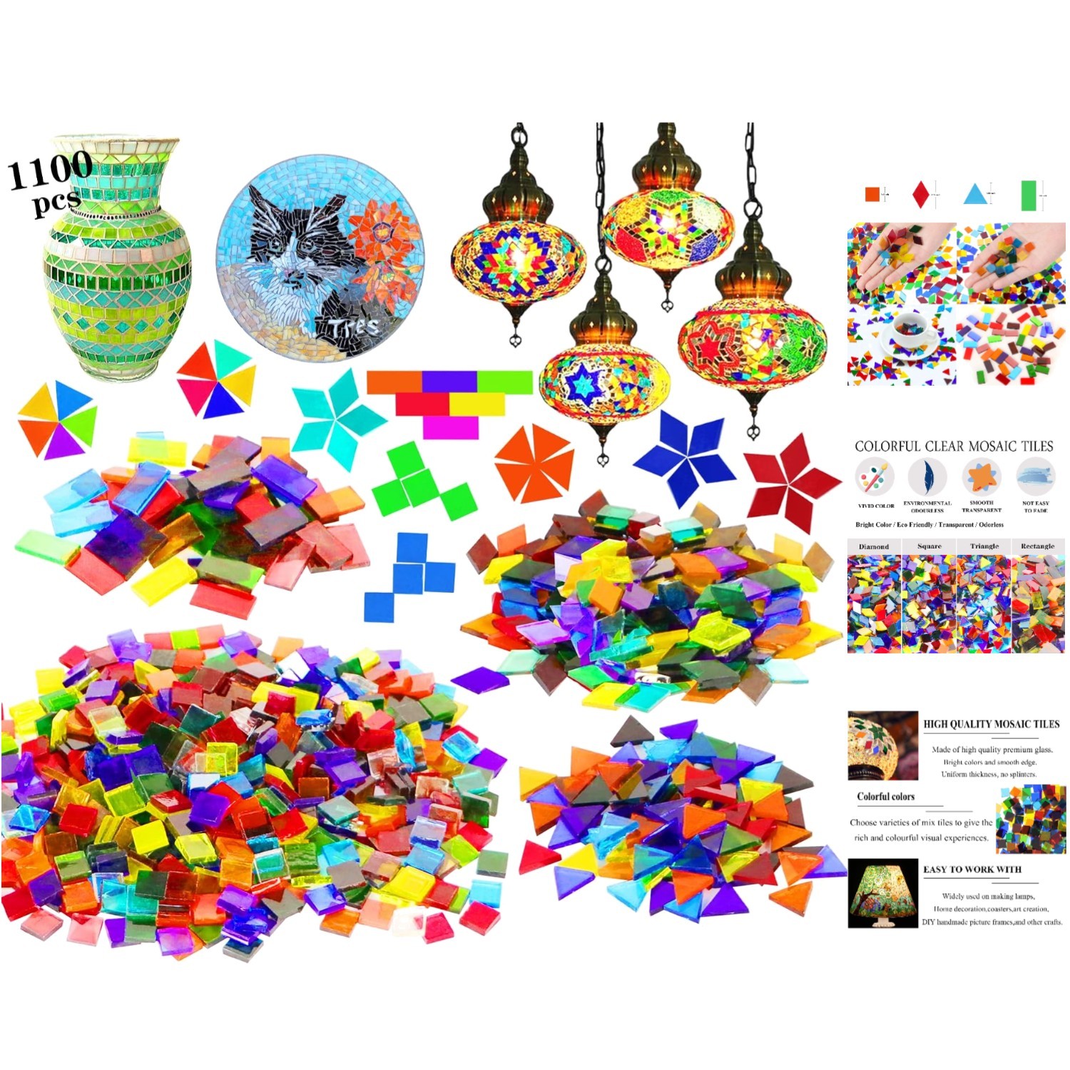 Artistic 1100 Pcs Mixed Shape Glass Mosaic Tiles – Perfect for Creative Crafts
