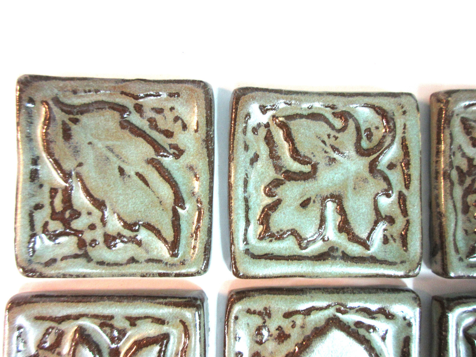 LEAF MOSAIC TILES Handmade Ceramic Art Tiles, Rustic Turquoise Green Set of 6