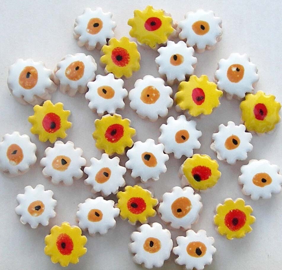 30 White, Yellow Daisy Mosaic Tiles, Handmade 1/2″ China Mosaic Craft Tiles