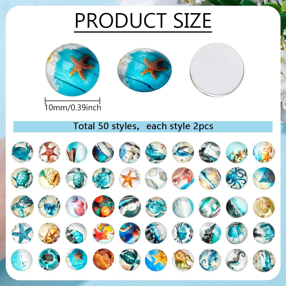 100pcs 10mm Ocean Theme Glass Cabochons, 50 Styles Starfish Shell Printed Gla…