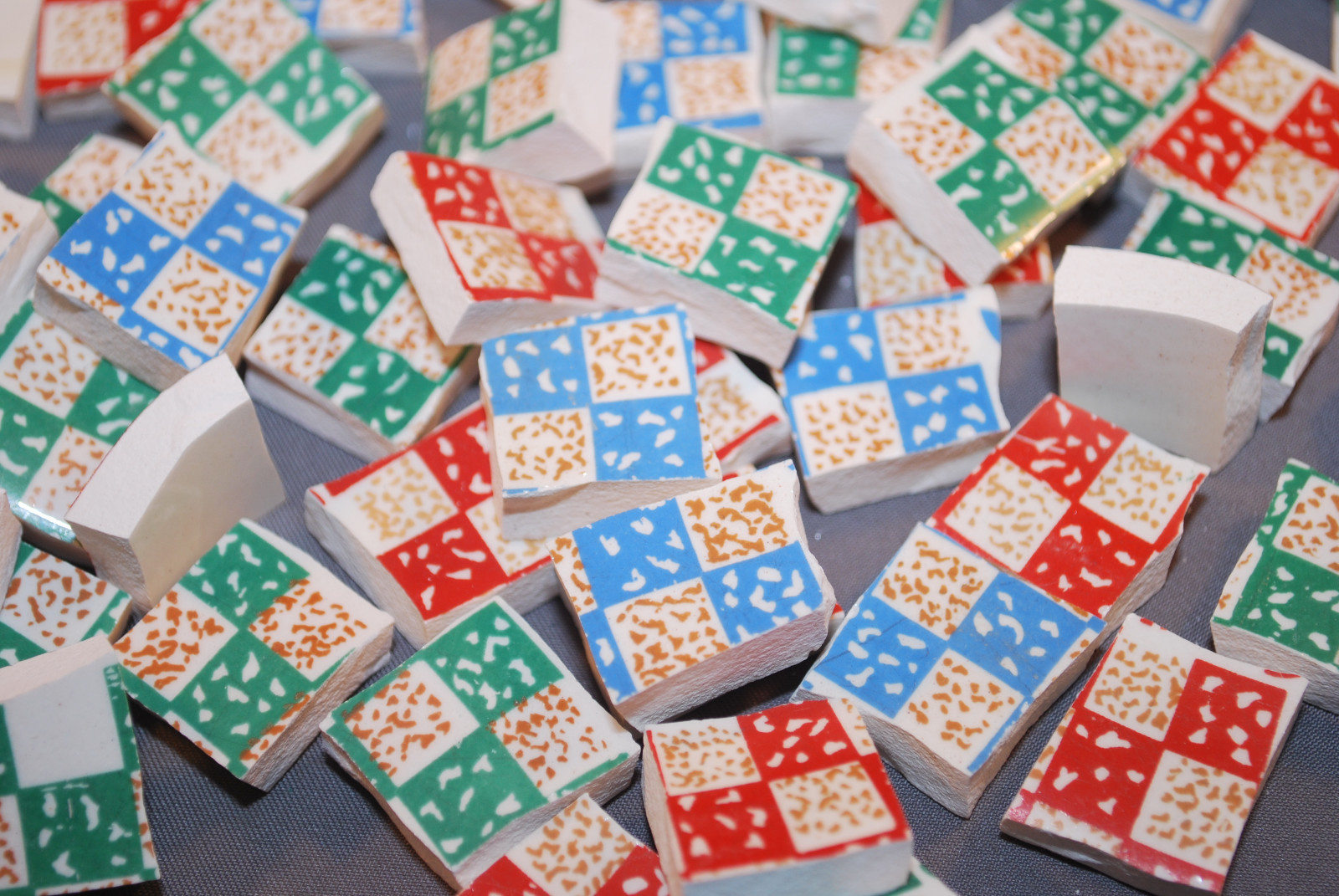 100 Green Red Blue Hand Cut Checkerboard Style Mosaic Tiles From Dinner Plates