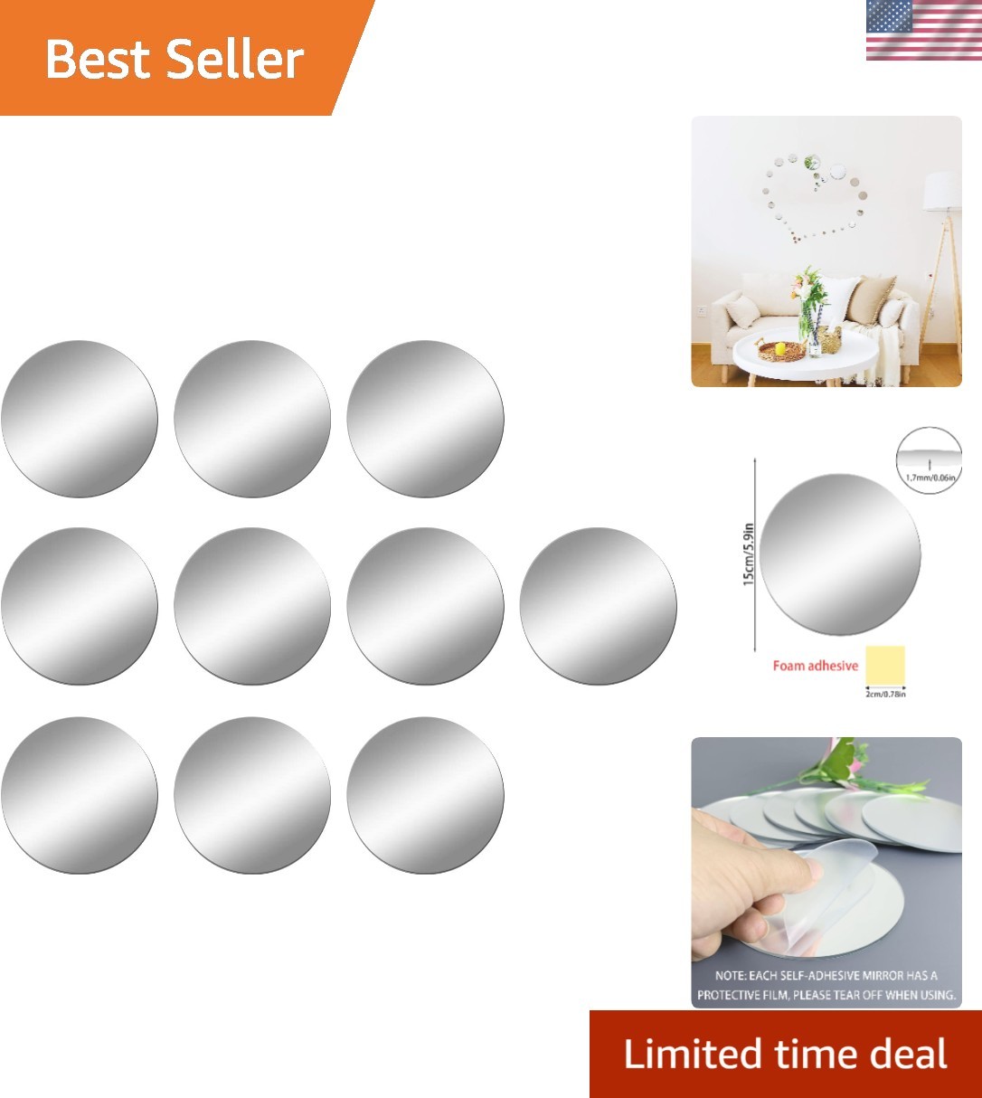 Versatile 10-Piece Pack of 6-Inch Decorative Self-Adhesive Mirrors for Artistry
