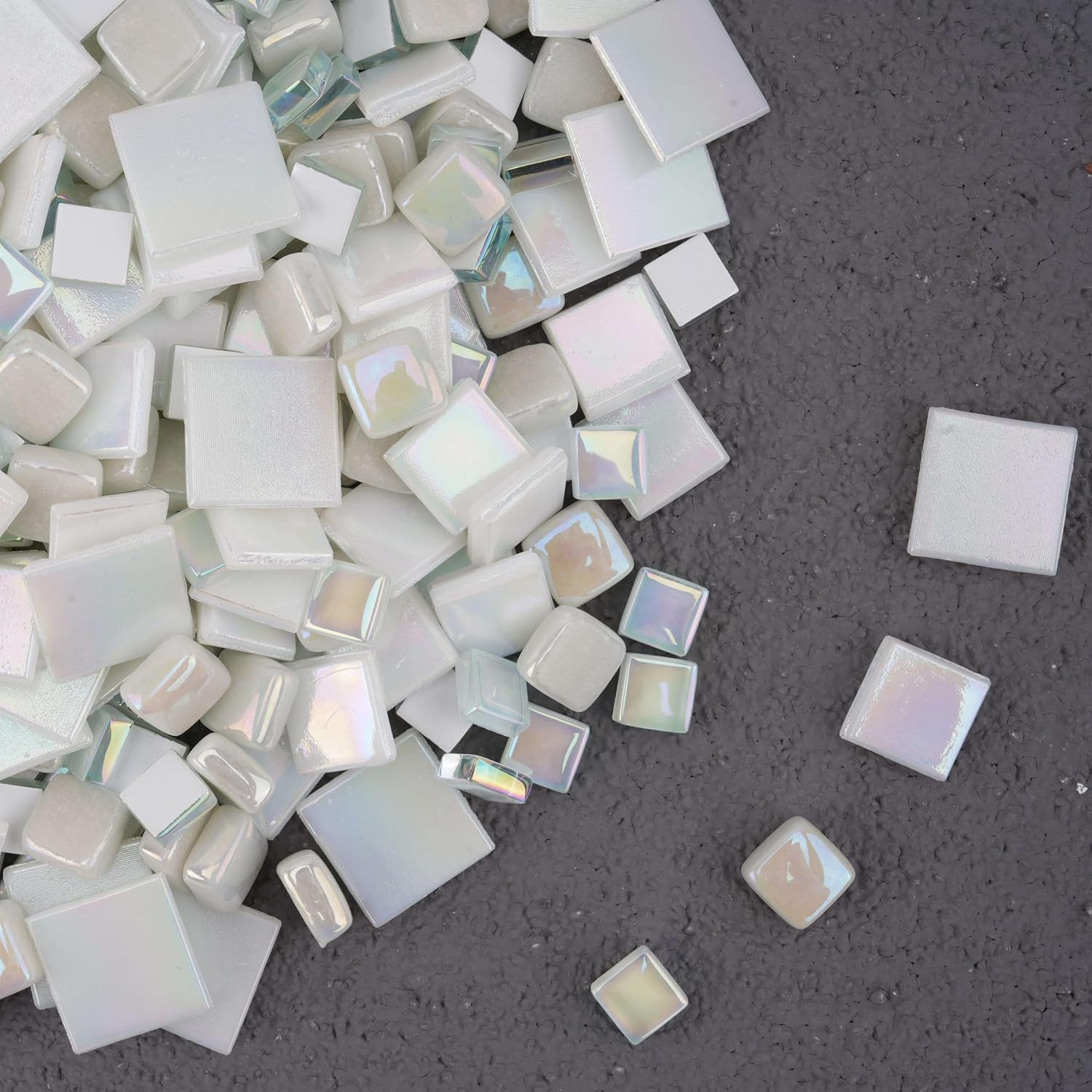 1.6Lb White Glass Mosaic Tiles, Mixed 4 Sizes Iridescent Square Mosaic Pieces fo
