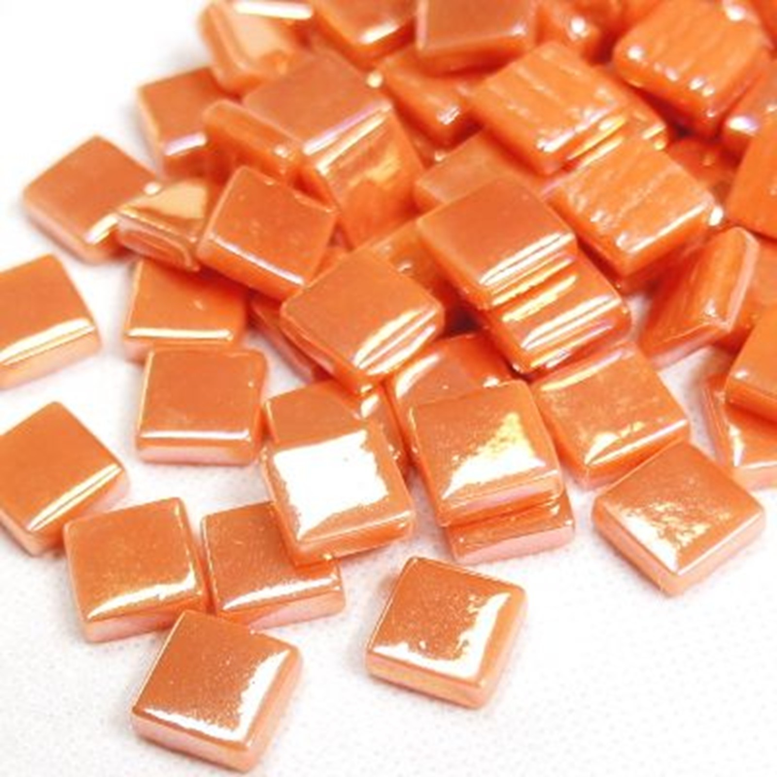 50 Tiles – 12 mm Iridescent Mandarin Orange Glass Square Mosaic Tile Pieces