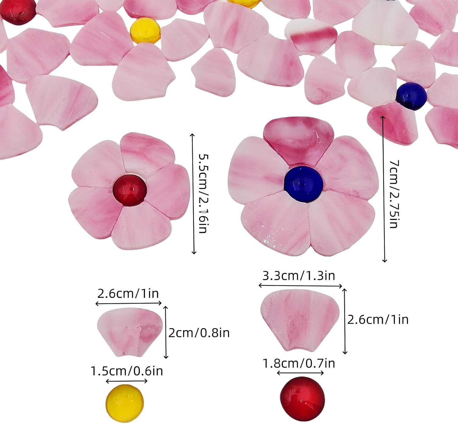 12 Flower Stained Glass Mosaic Tiles – 2 Size Floral Petals & Flat Bead Mosaic G