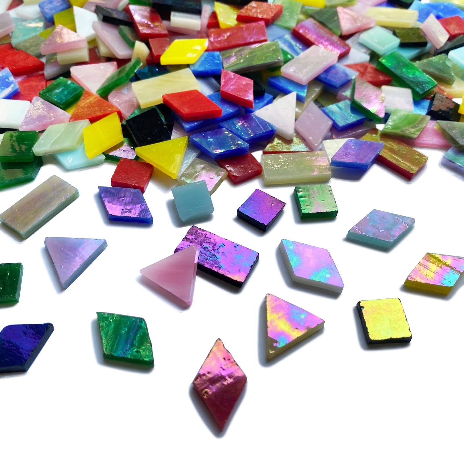 510 Pieces Iridescent Glass Mosaic Tiles for Crafts Mixed 4 Shapes Colorful Sta