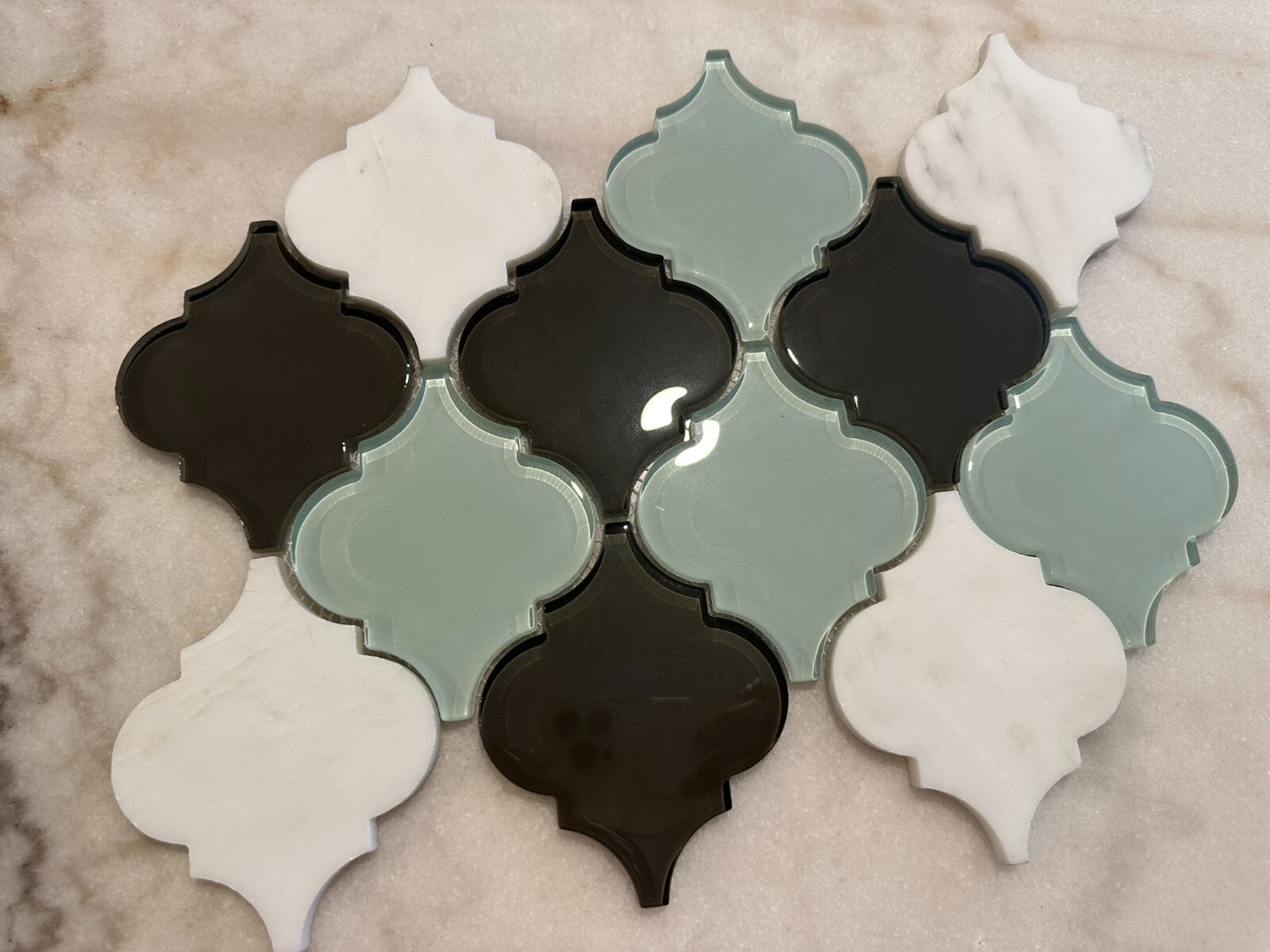 Blue, Grey, And Carrara Marble And Glass Mix Mosaic 9″x13″ Interlocking