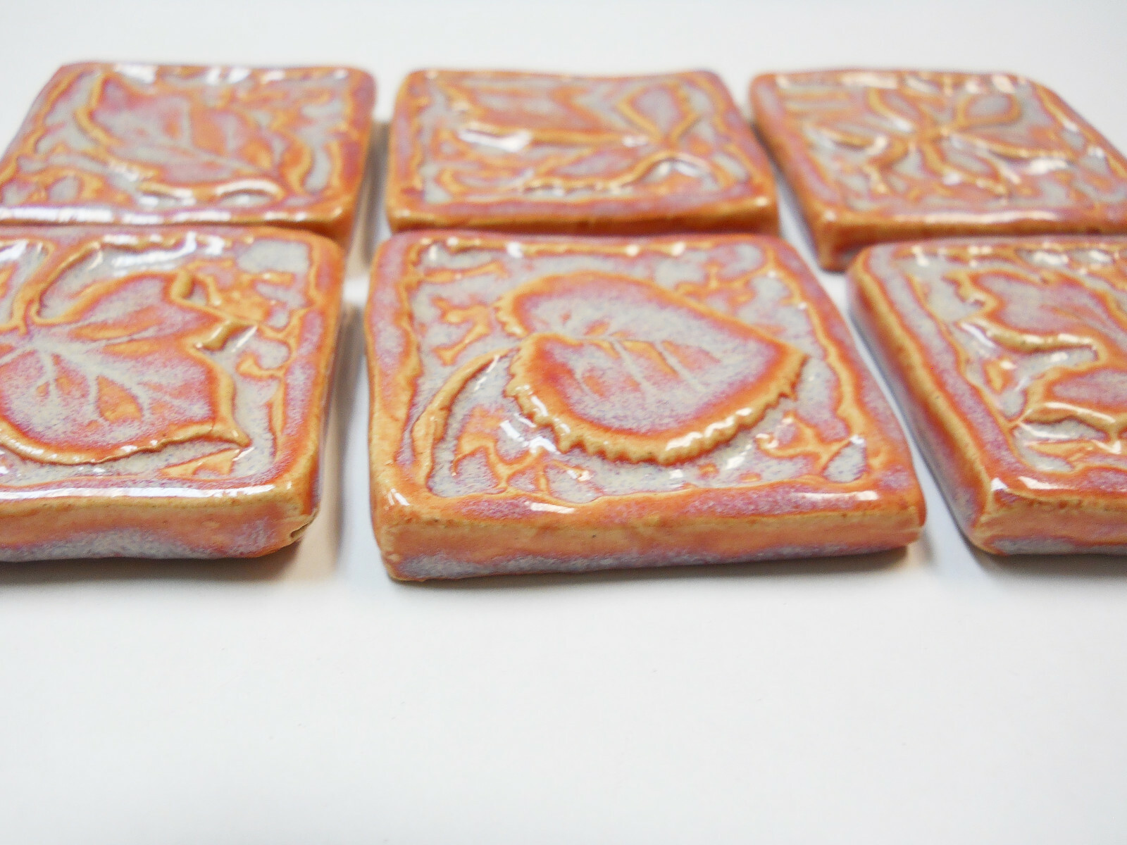 2″ Ceramic Leaf Tiles, 6 pcs, Handmade Stoneware Coral Peach Mosaic Craft Tiles