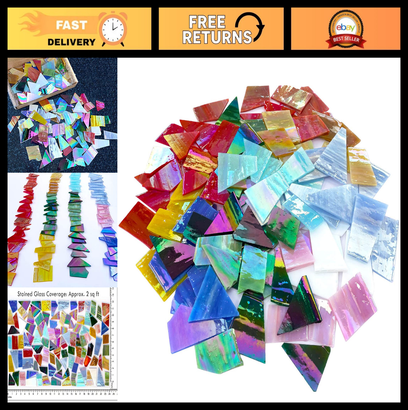 Iridescent Mixed-Color Stained Glass Scraps – 2.2LB Mosaic Tiles & Art Supplies