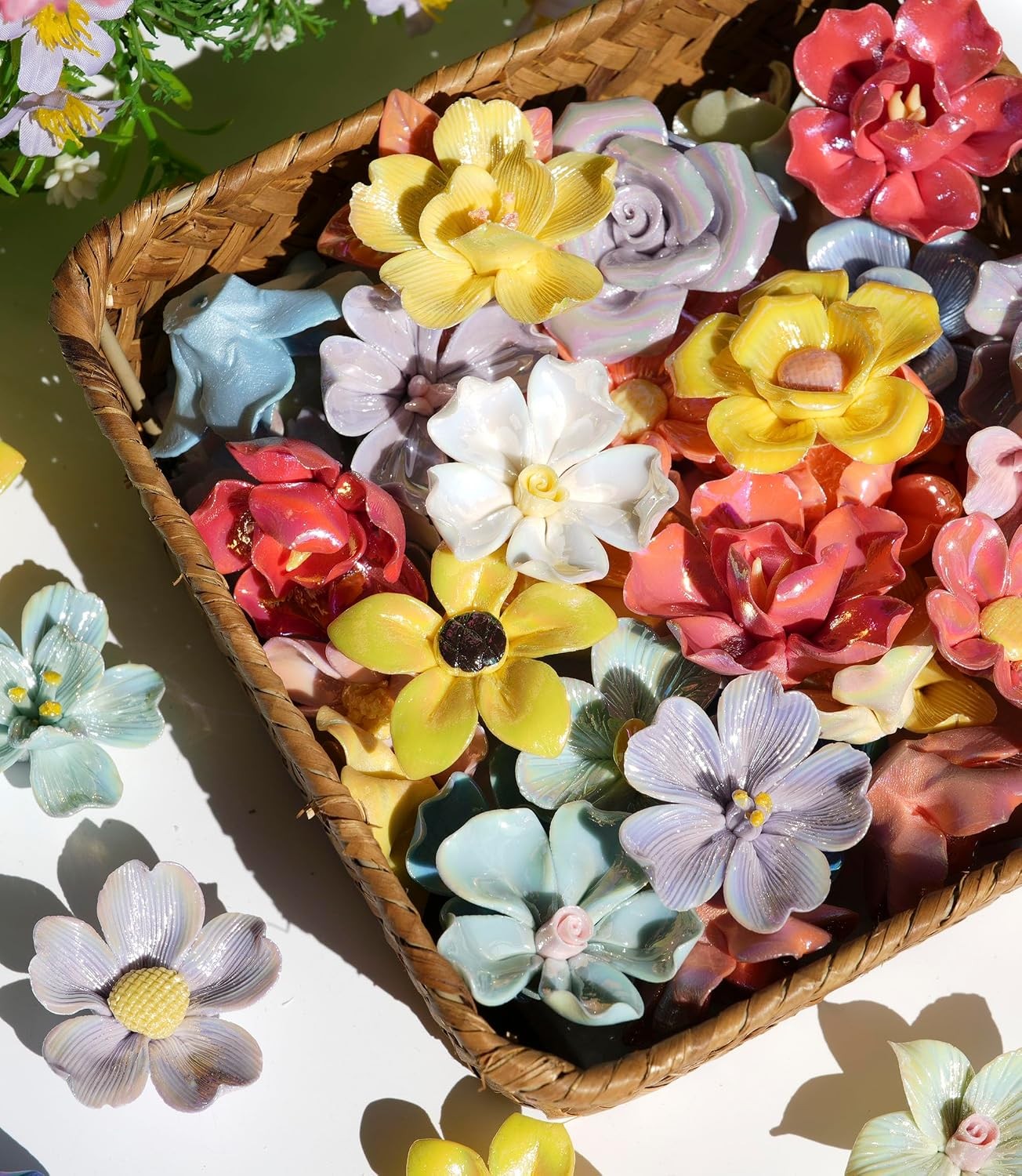 30 Pieces 3D Ceramic Mosaic Flowers for DIY Crafts, Various Shimmering Glaze Iri