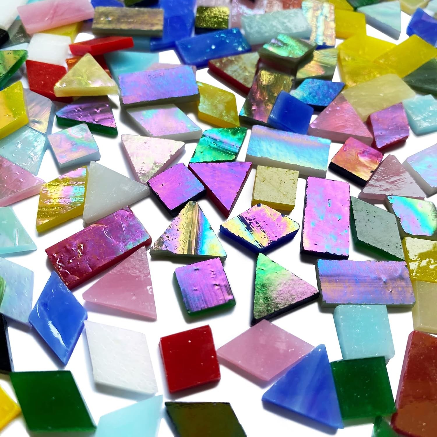510 Pieces Iridescent Glass Mosaic Tiles for Crafts Mixed 4 Shapes Colorful Sta