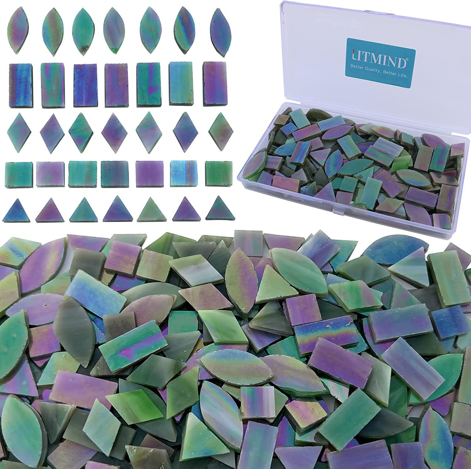 Iridescent Glass Mosaic Tiles for Crafts, 240 Pieces 5 Shapes