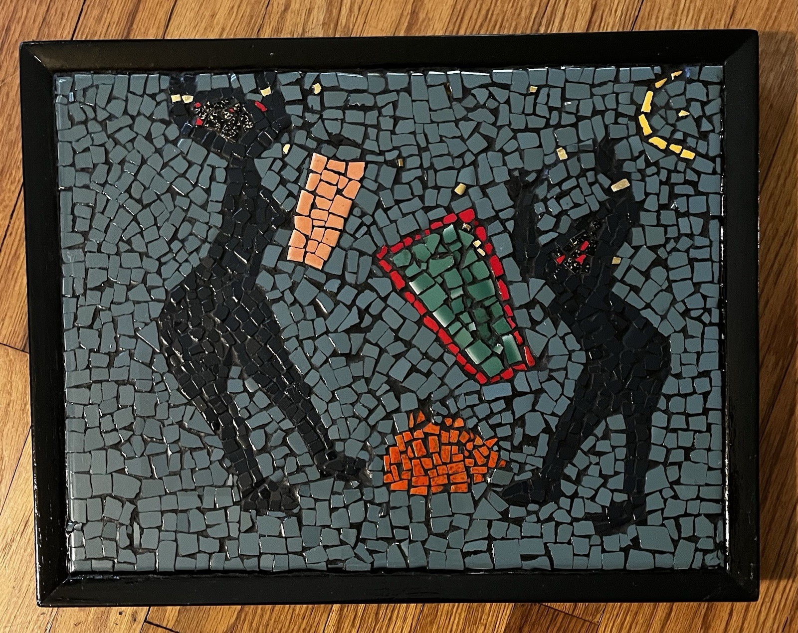 Vintage Handmade Glass Mosaic Black Cats Folk Art Wall Hanging Framed MCM Decor