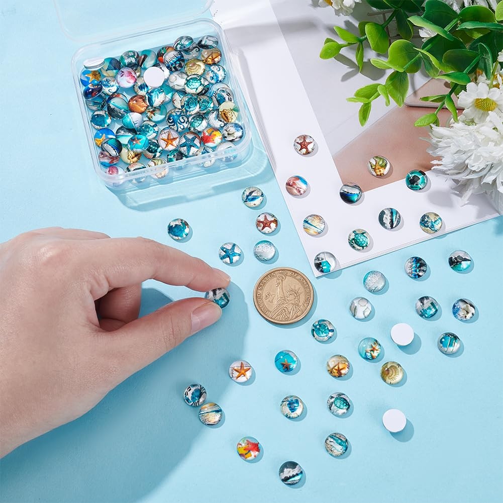 100pcs 10mm Ocean Theme Glass Cabochons, 50 Styles Starfish Shell Printed Gla…