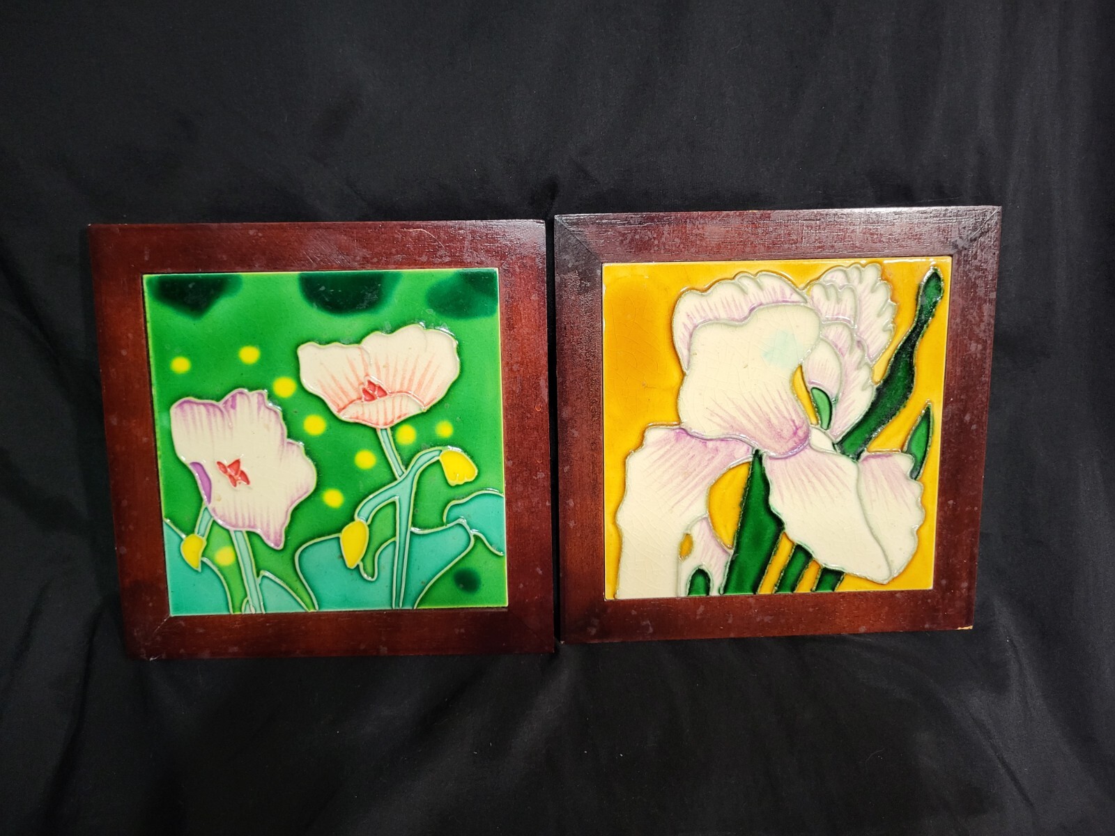 Pair of Cherry Wood/Mahogany Stained Glass Hanging Wall Tiles/Table Decor