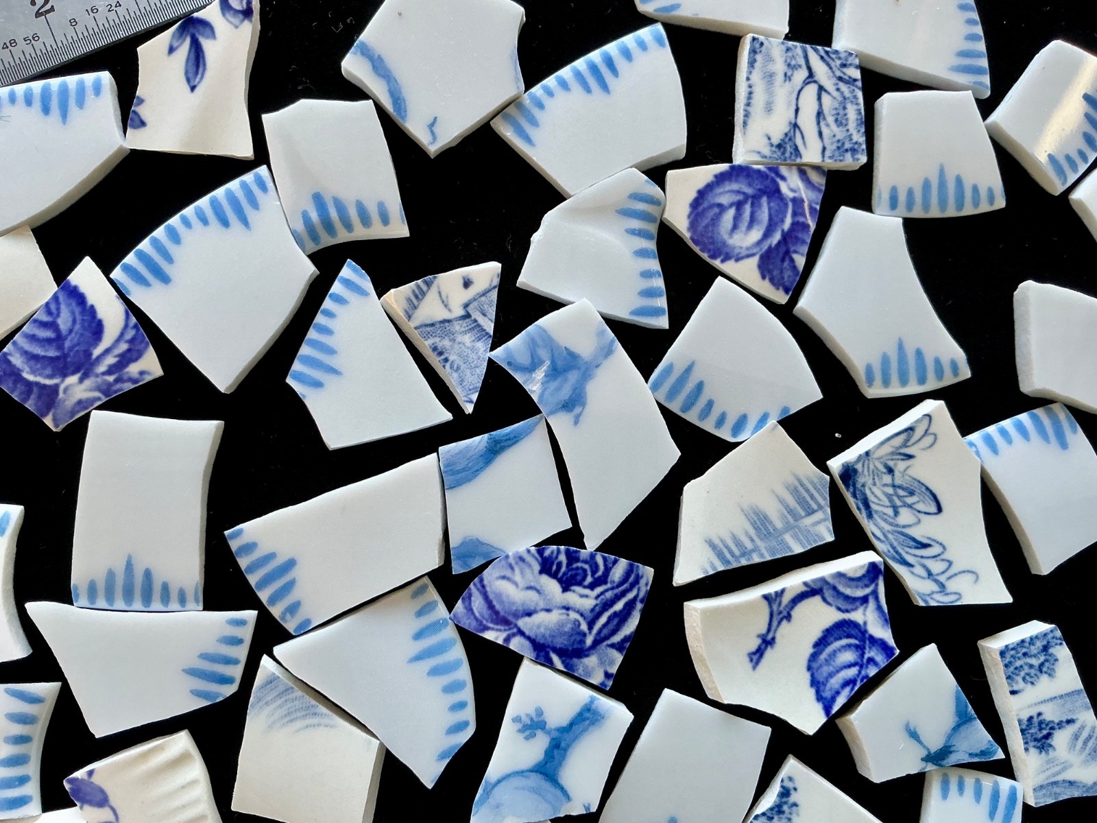 Broken China Mosaic Tiles Blue & White Mix 85+ Pieces Set Q