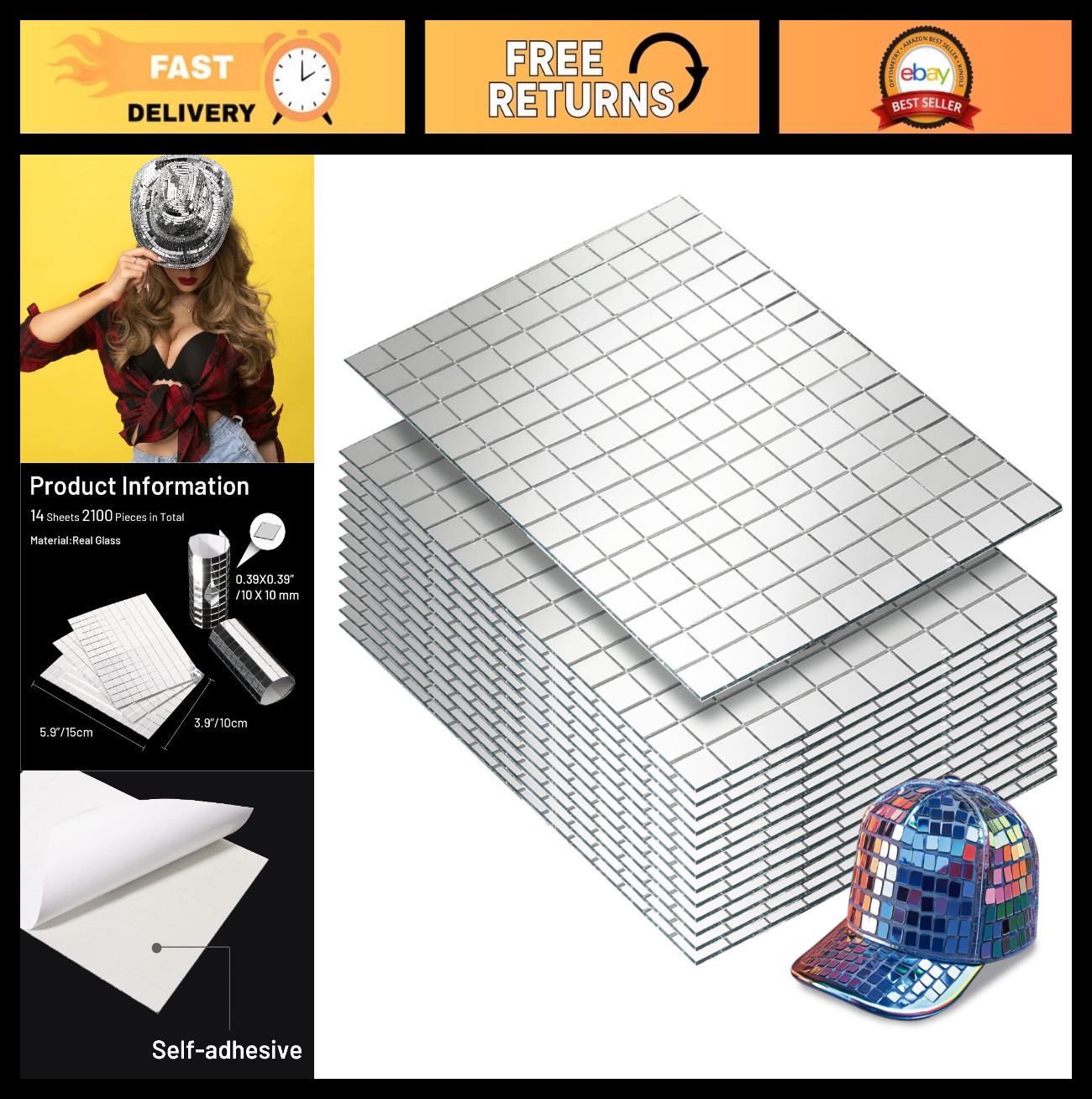 2100 PCS Self-Adhesive Mirror Mosaic Tiles, 10mm Disco Ball Craft Decor, Silver