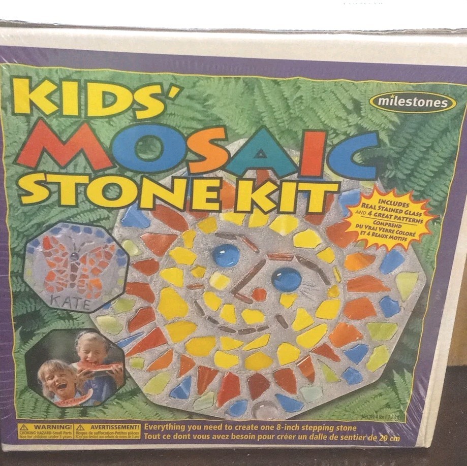 Kids Mosaic Stepping Stone Kit Milestones Stained Glass Outdoor Craft 4 Patterns