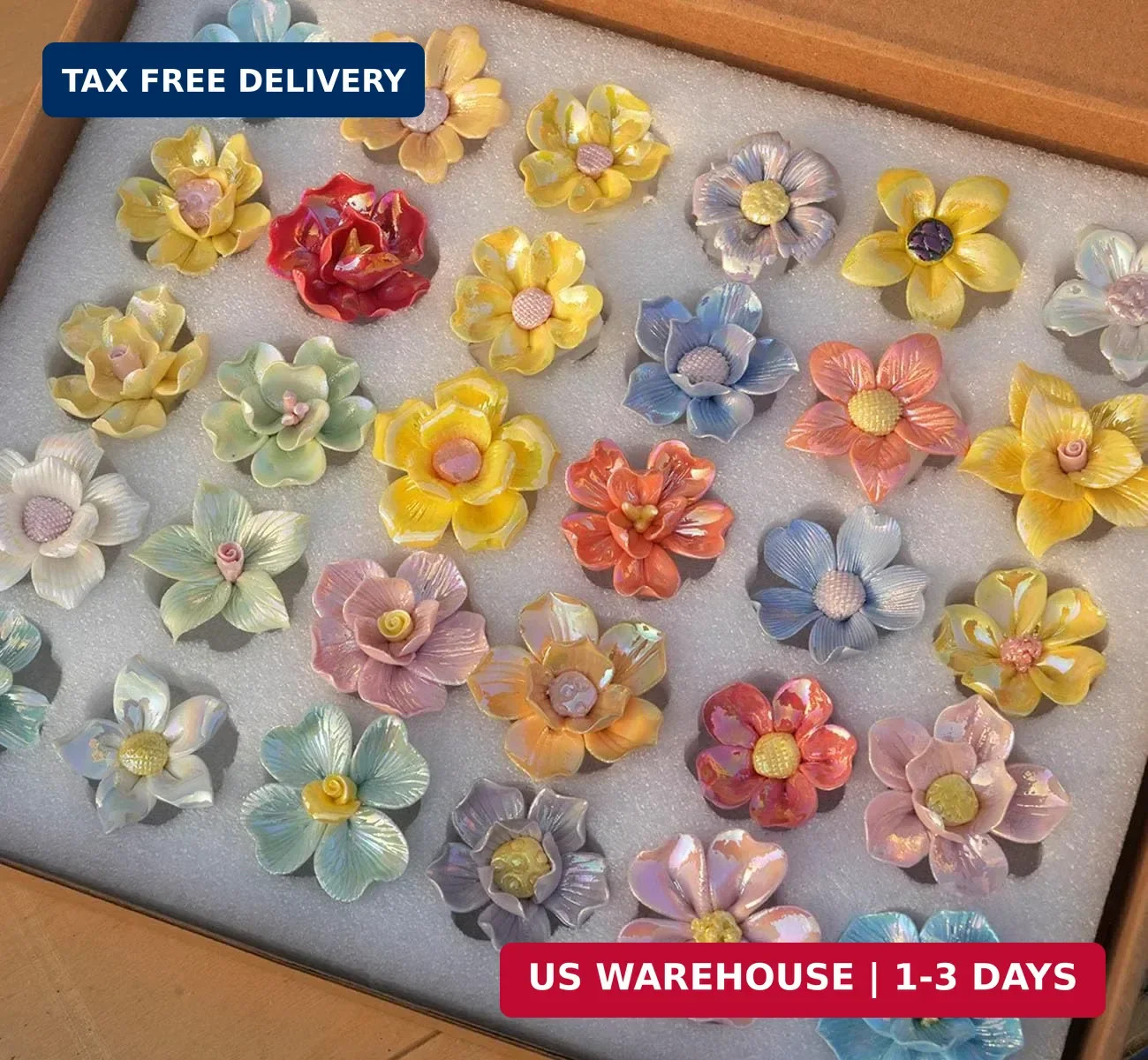 30 Pieces 3D Ceramic Mosaic Flowers for DIY Crafts, Various Shimmering Glaze Iri