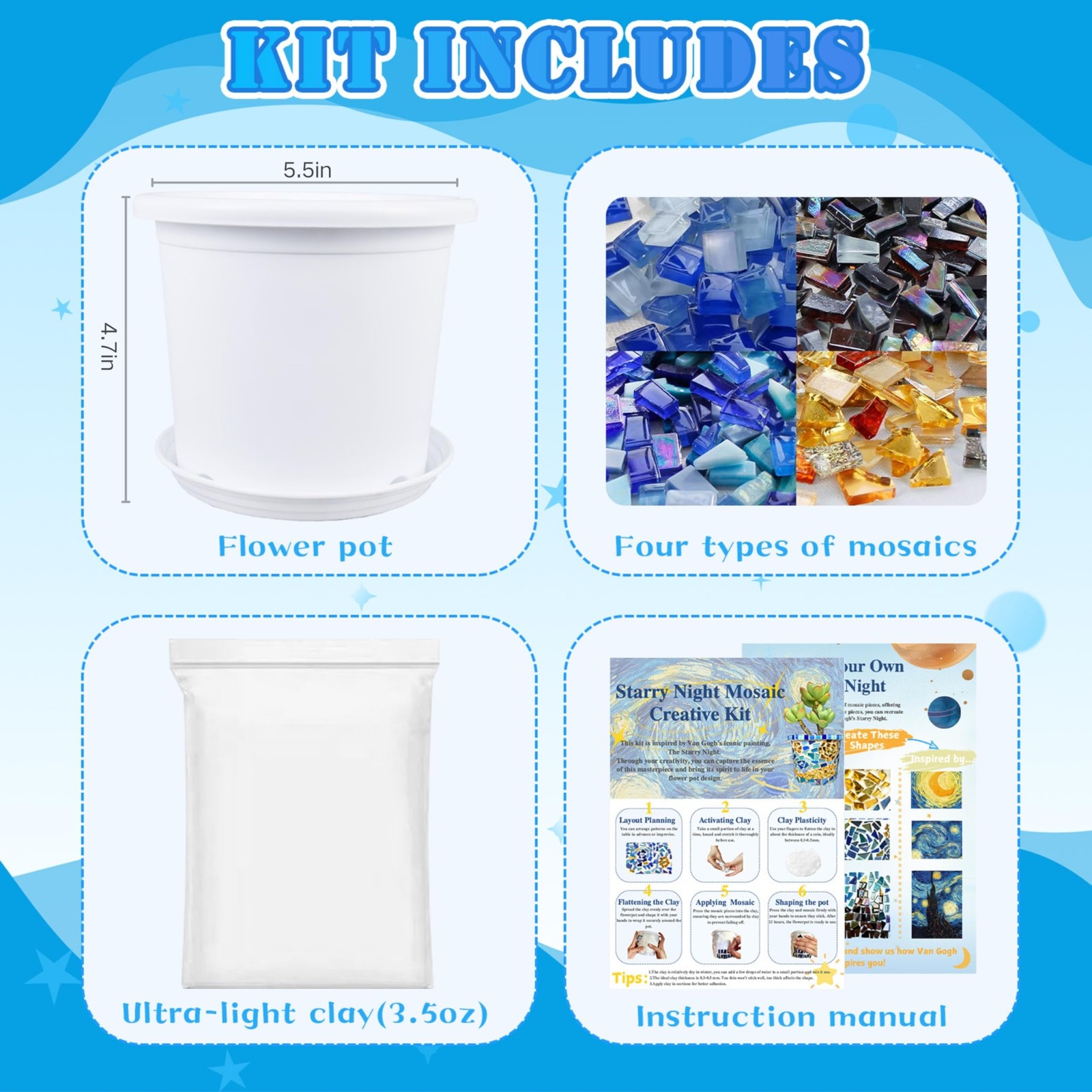 Starry Night Style Mosaic Kits for Adults-DIY Flower Pot Arts and Crafts Kits Mi
