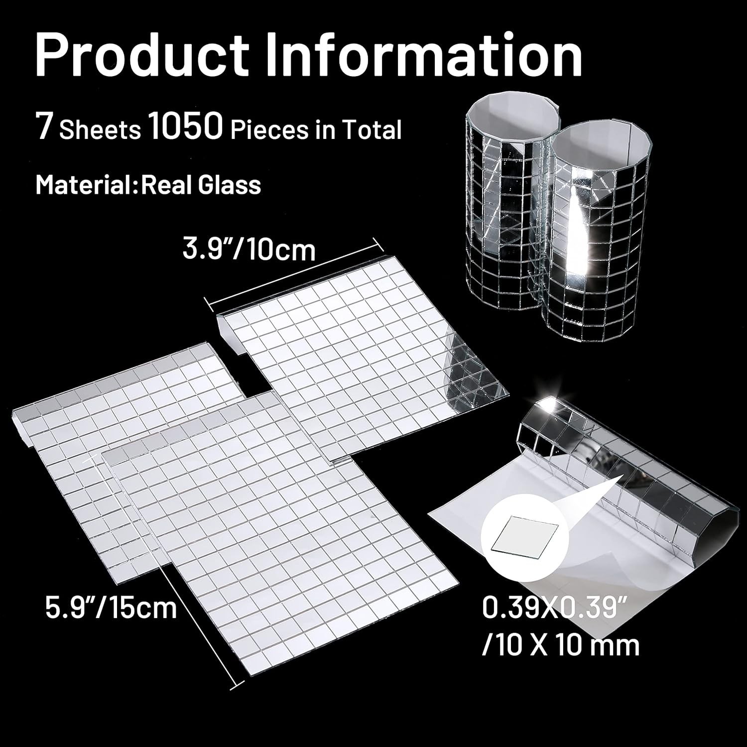 1050 PCS Self-Adhesive Disco Ball Tiles 10x10mm Mirror Mosaic for DIY Crafts