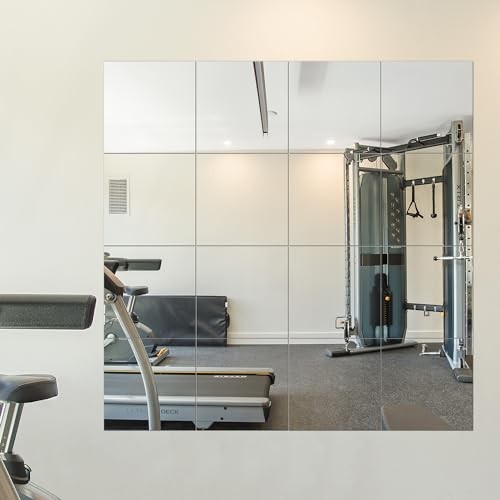 Home Gym Mirrors, 12” x 12” Glass Mirror Tiles (16 PCS), Square Large Wall