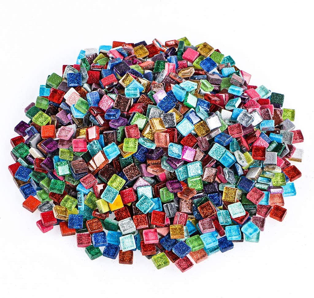 2 Pound Decorative Mosaic Tiles, Assorted Colors Glitter Glass Mosaic, Square Sh