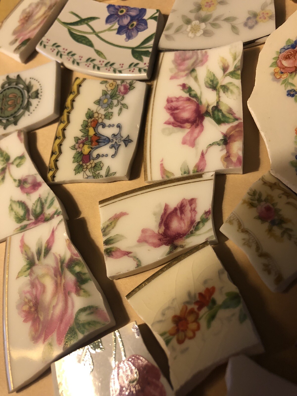 Vintage/antique china mosaic ready cut larger tiles Asst.florals, no solid tiles