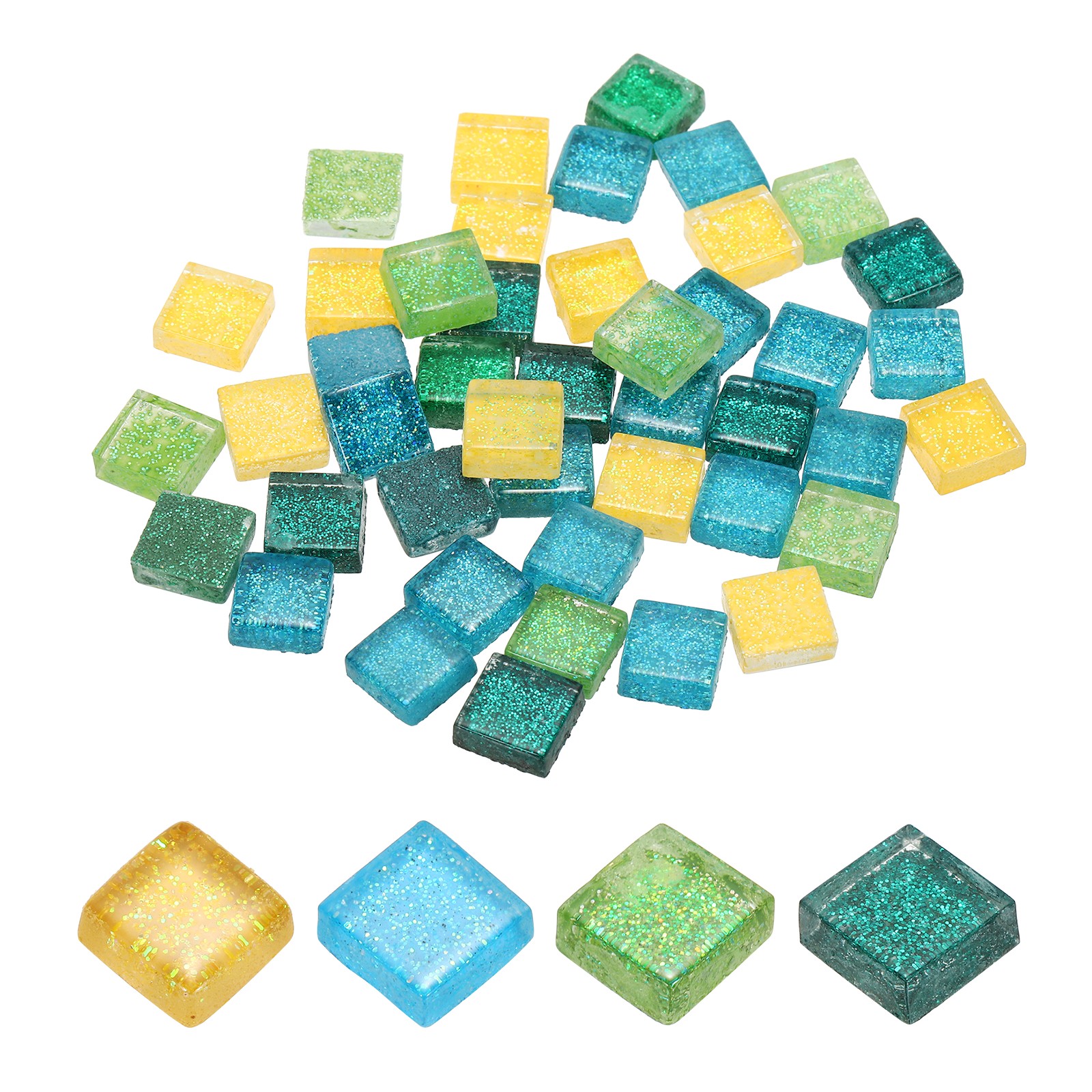 110Pcs 1x1cm Glitter Square Mosaic Tiles Glass, Green Yellow Tone
