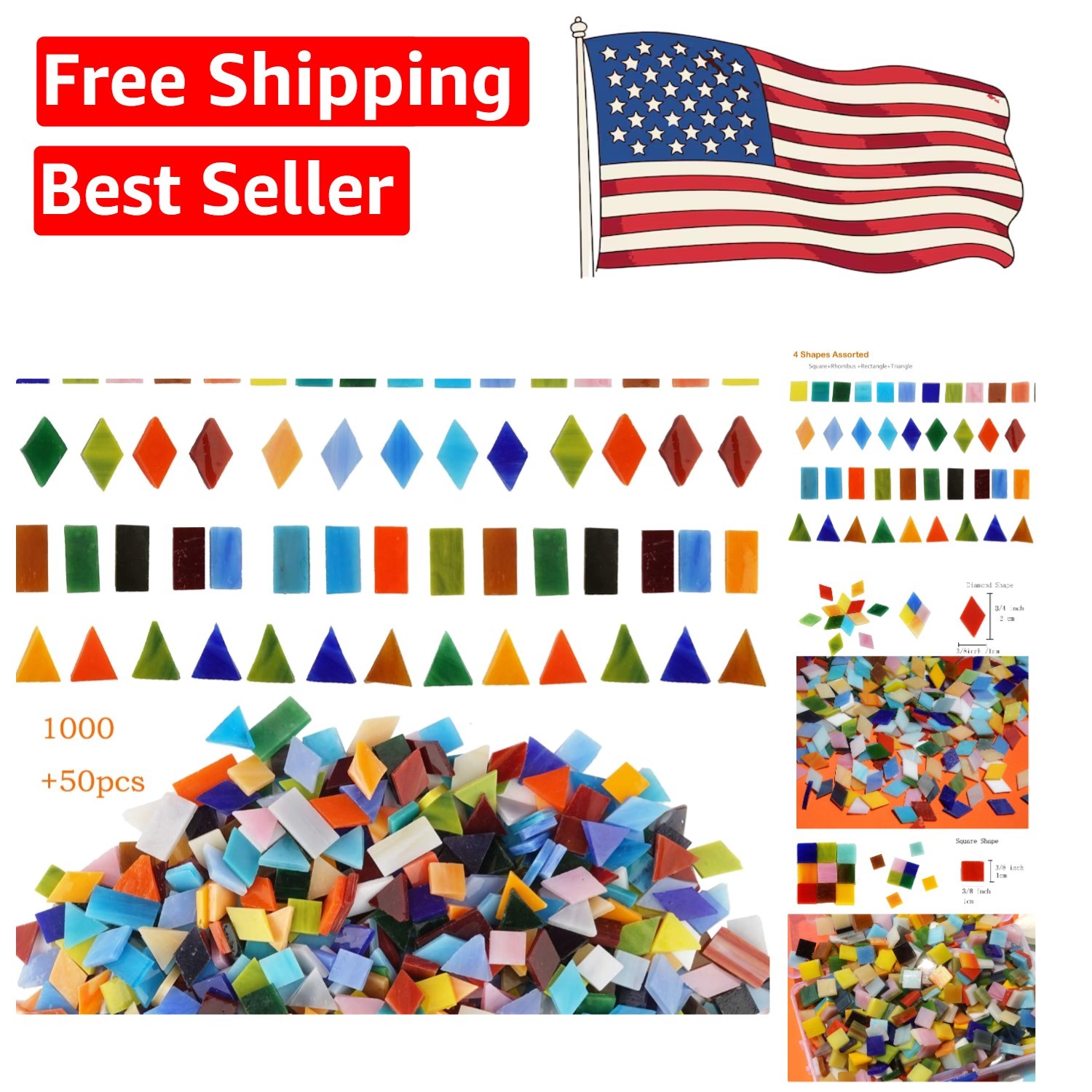 Colorful 1050-Piece Mosaic Tile Set with 4 Shapes for Creative Projects