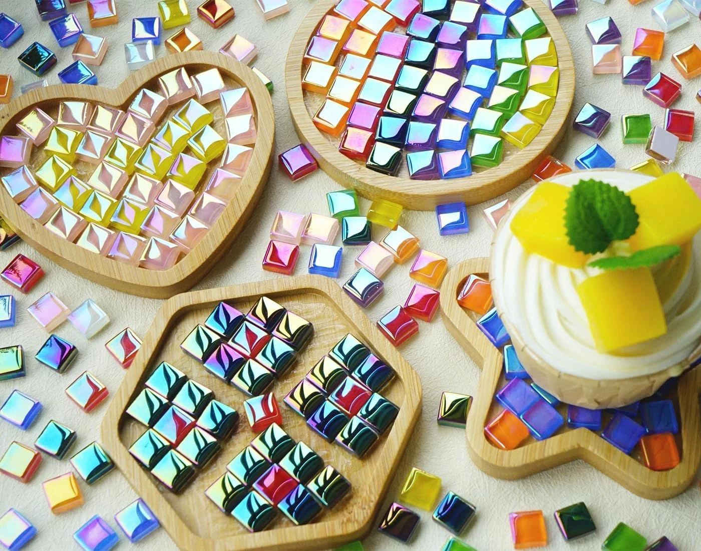 1100Pcs Mixed Colors Iridescent Mosaic Tiles, 2.2Lbs Crystal Glass Tiles, 3/8″ S