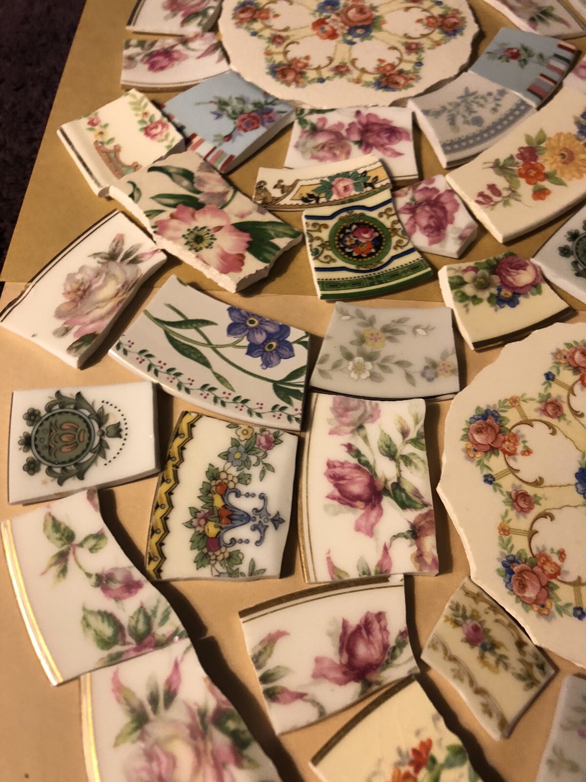 Vintage/antique china mosaic ready cut larger tiles Asst.florals, no solid tiles