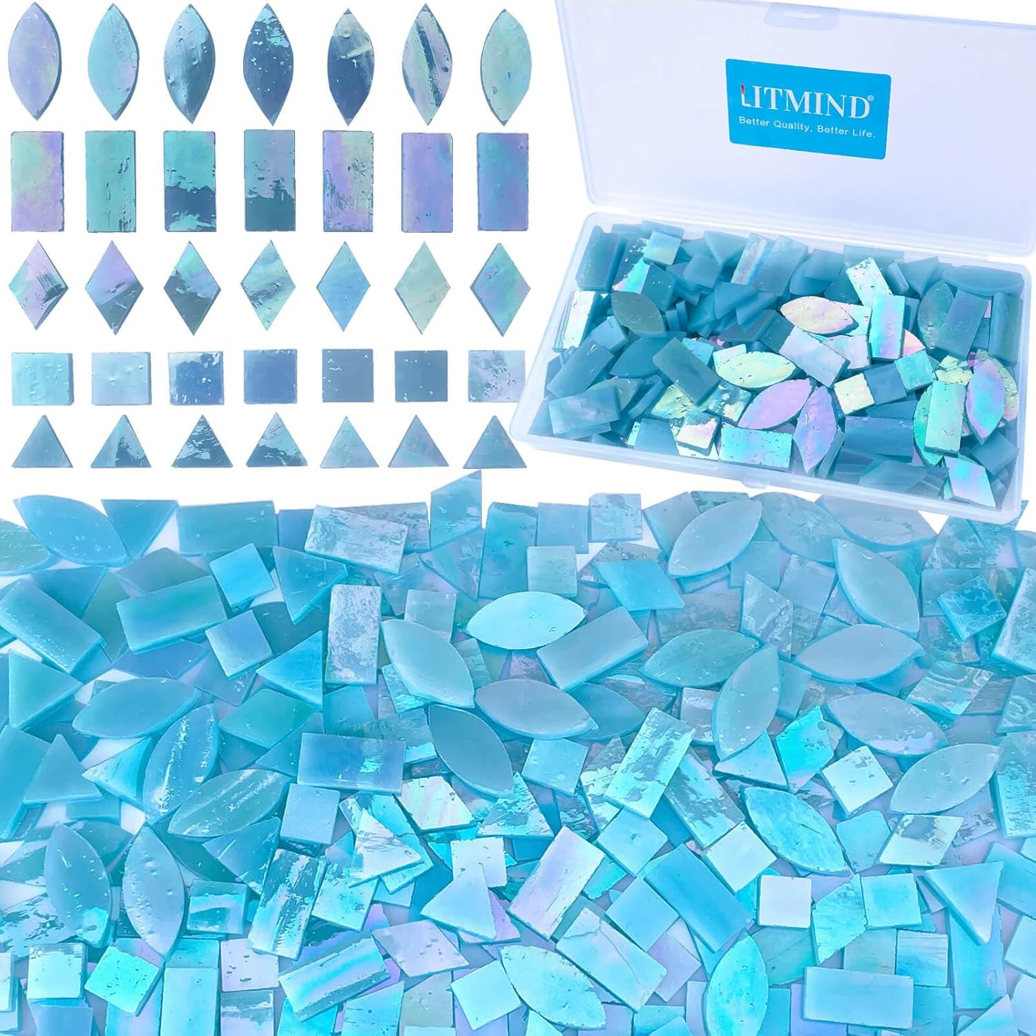Iridescent Glass Mosaic Tiles for Crafts, 240 Pieces 5 Shapes Mixed