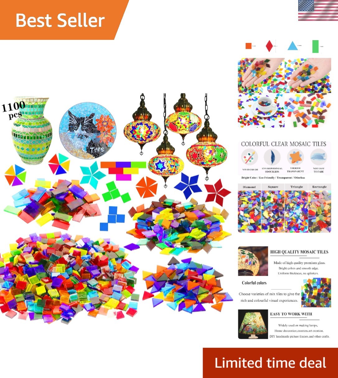 1100 Pcs Mosaic Glass Tiles – Vibrant Colors for Home Decor Crafting